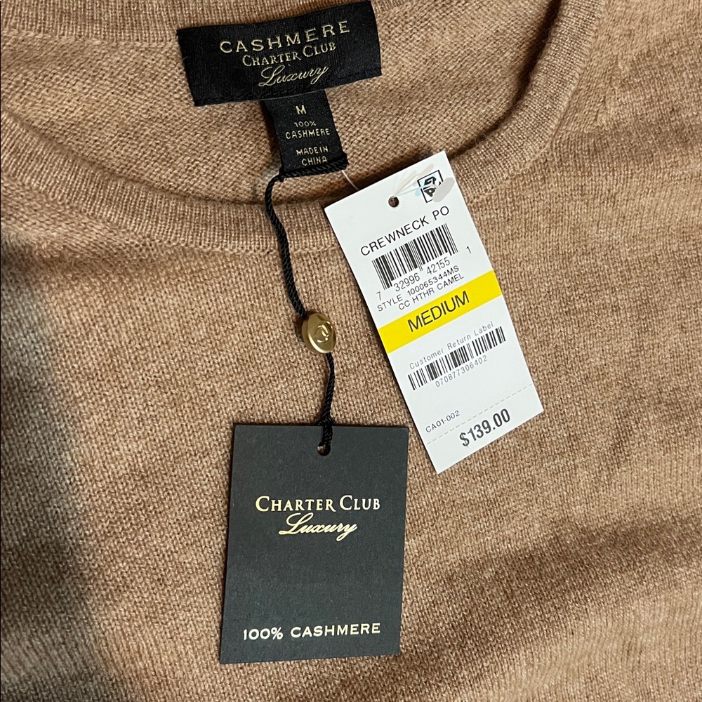 NWT tan size M charter club 100% cashmere crew neck sweater - Picture 4 of 4